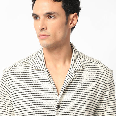 Rare Rabbit Men's Puller Off White Cotton Polyester Fabric Cuban Collar Half Sleeves Striped Shirt
