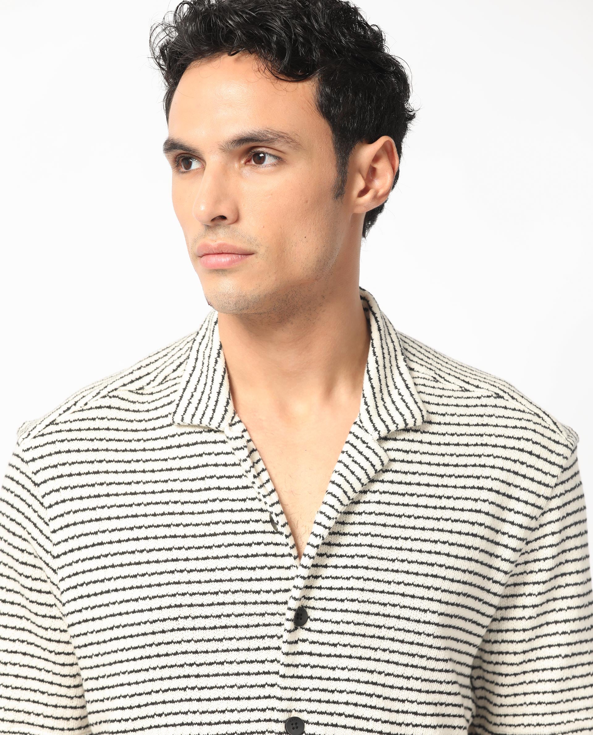 Rare Rabbit Men's Puller Off White Cotton Polyester Fabric Cuban Collar Half Sleeves Striped Shirt
