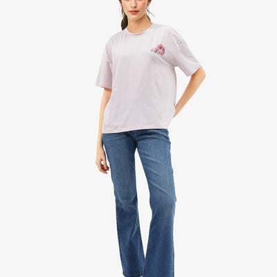 Rareism Women Purpulent Pastel Pink Cotton Elastane Fabric Crew Neck Knit Solid T-Shirt
