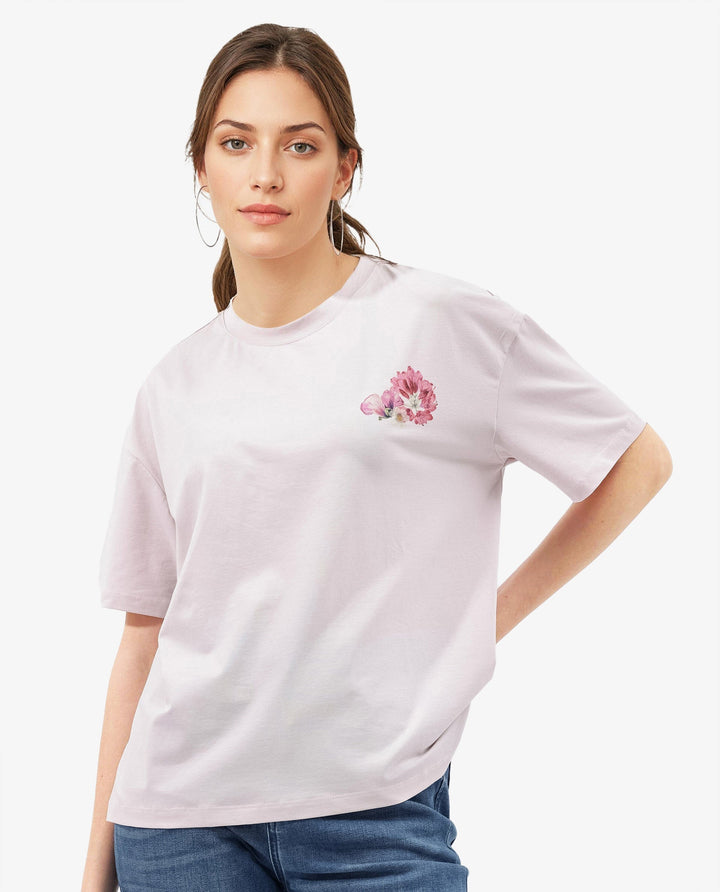 Rareism Women Purpulent Pastel Pink Cotton Elastane Fabric Crew Neck Knit Solid T-Shirt