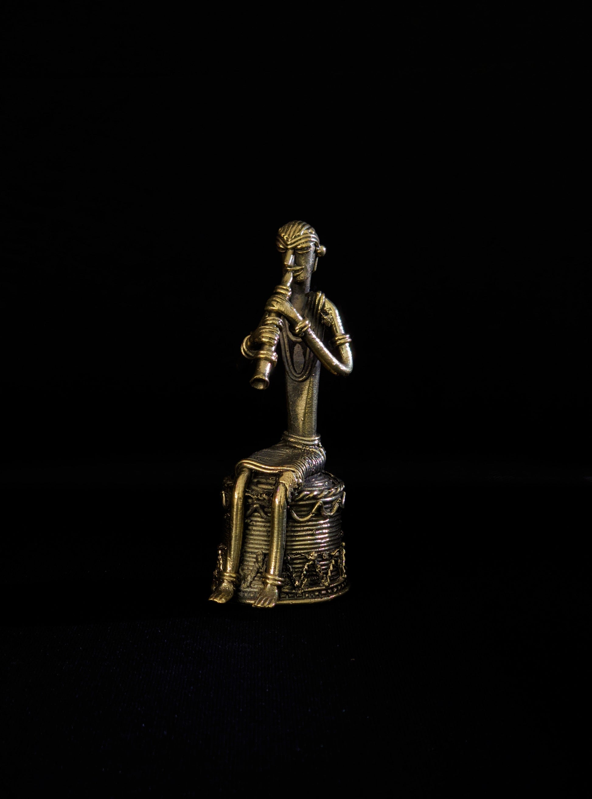 Handmade Dhokra Tribal Musician Sitting on Base Playing Turi