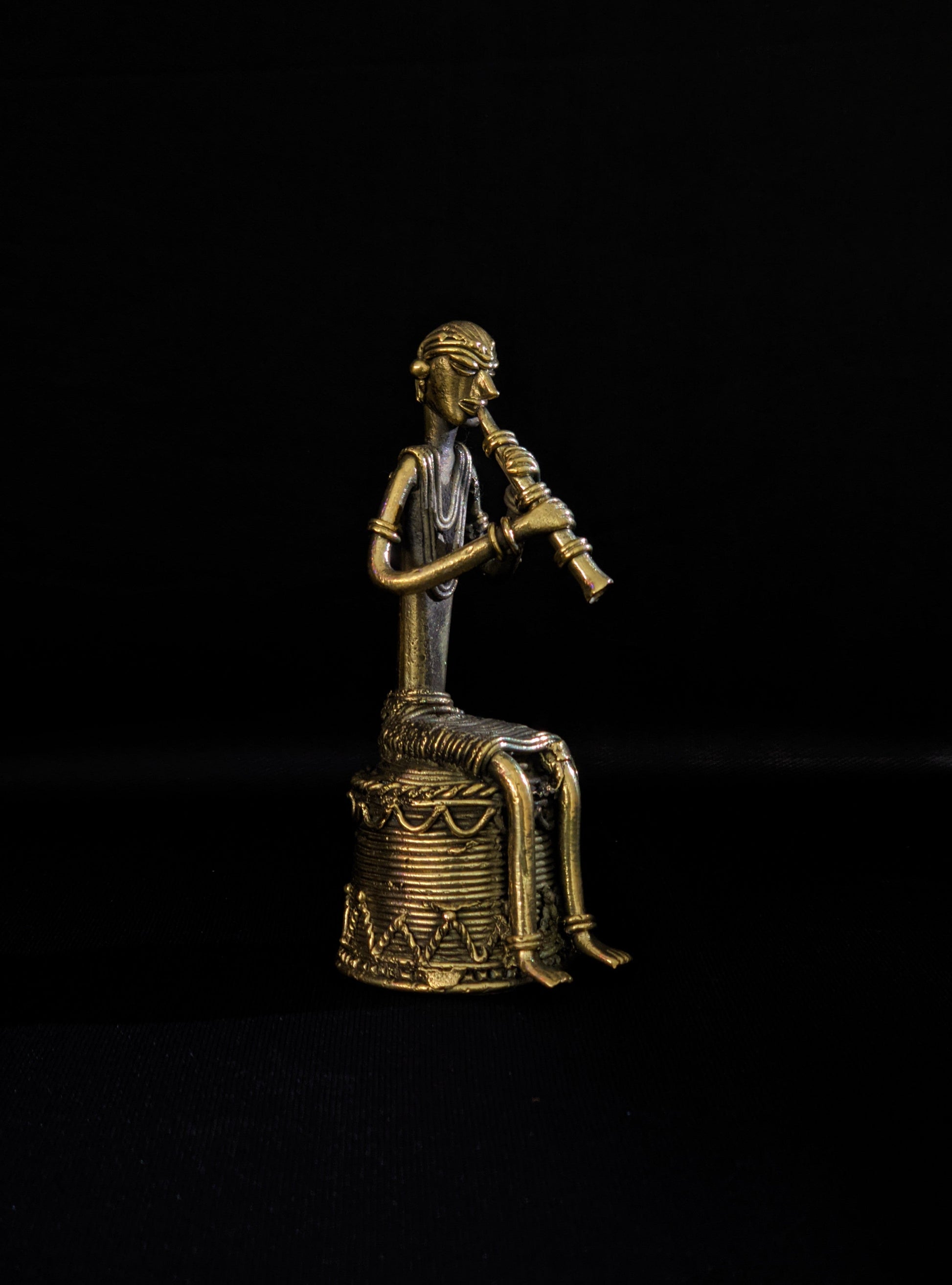 Handmade Dhokra Tribal Musician Sitting on Base Playing Turi