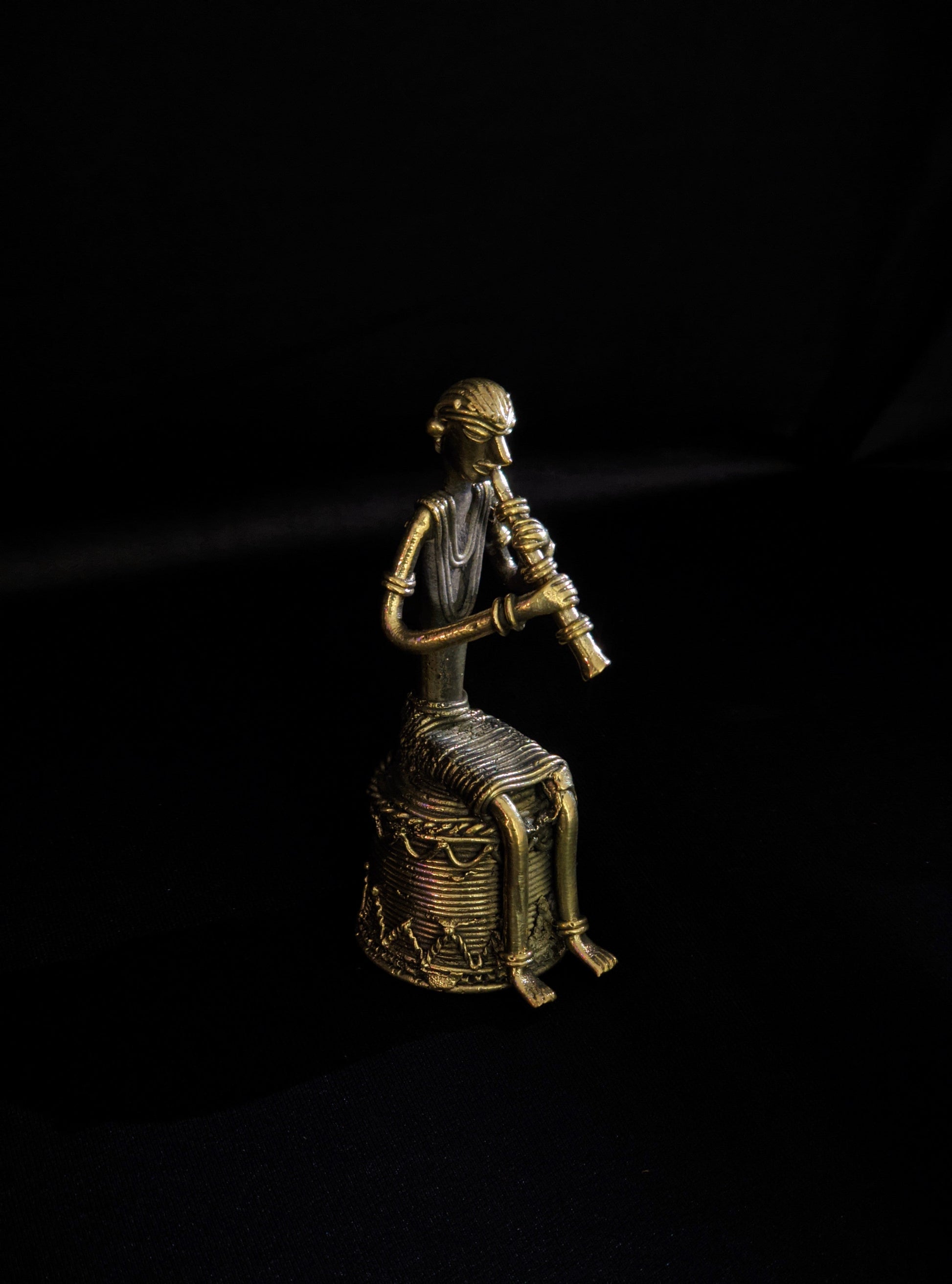 Handmade Dhokra Tribal Musician Sitting on Base Playing Turi