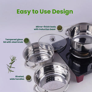 Tri-steel Multi Purpose Stainless Steel Steamer with Sandwich bottom  | Vegetable Steamer | Khandvi/Modak/Momo Maker | Steaming Pot 1.42 Kg / 1.9 Kg, 2 Tier / 3 Tier