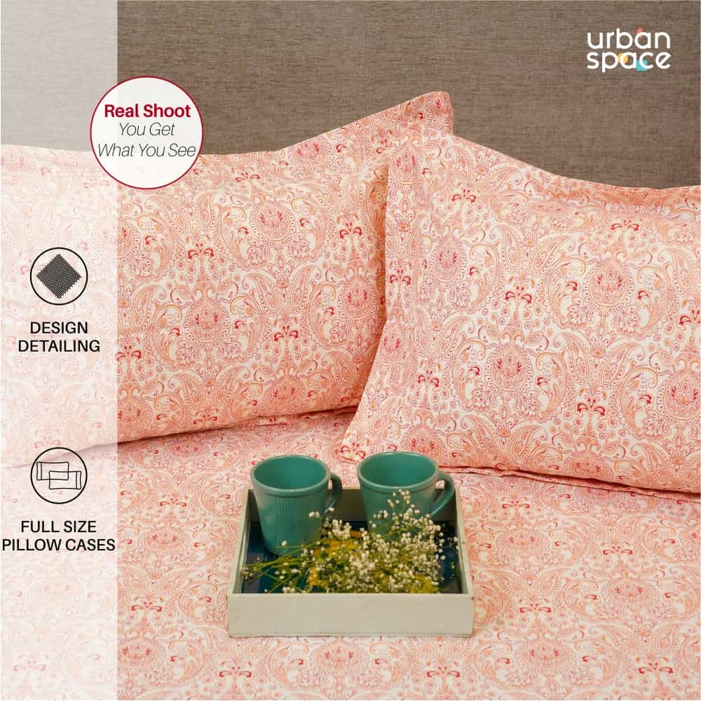 Regal Collection - Breathable 200 TC 100% Pure Cotton Single Bedsheet with Pillow Cover, Paisley- Peach