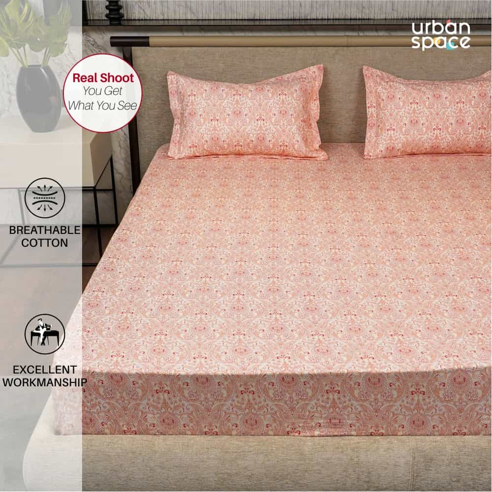 Regal Collection - Breathable 200 TC 100% Pure Cotton Single Bedsheet with Pillow Cover, Paisley- Peach