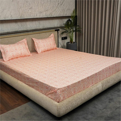 Fitted King Size Cotton Bedsheet - Paisley- Peach