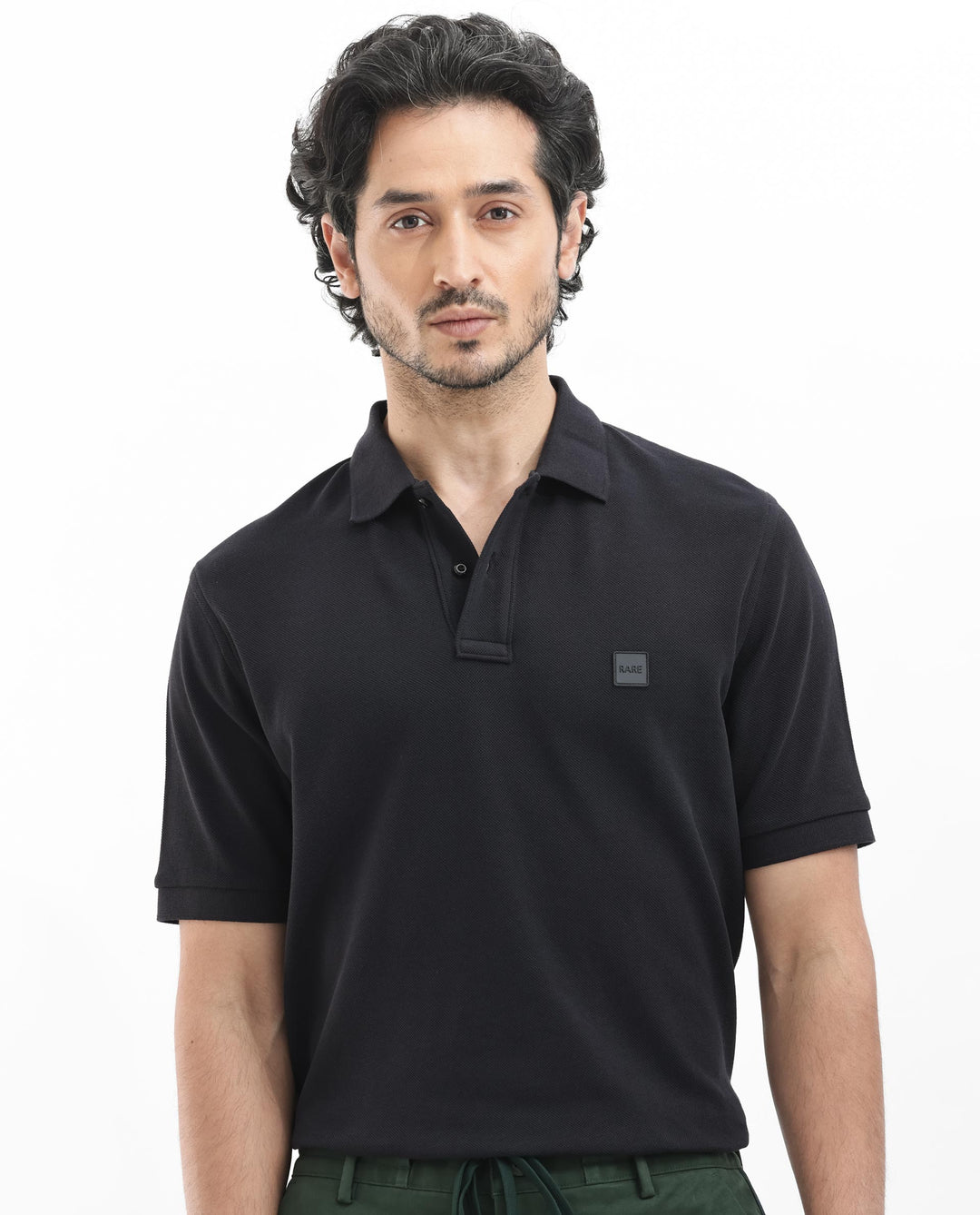 Rare Rabbit Mens Pare Dark Black Short Sleeve Solid Polo T-Shirt