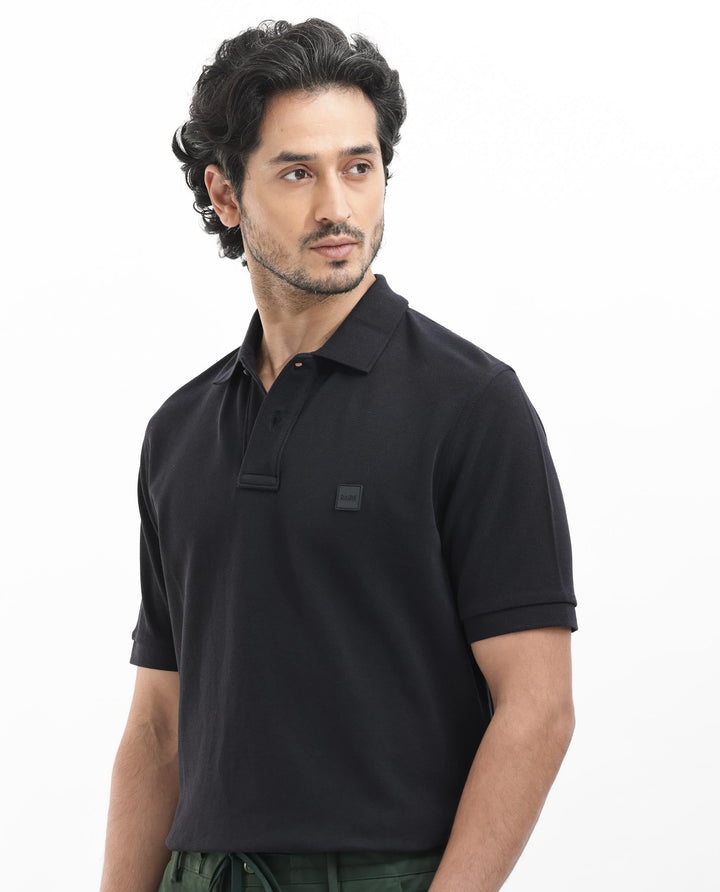 Rare Rabbit Mens Pare Dark Black Short Sleeve Solid Polo T-Shirt