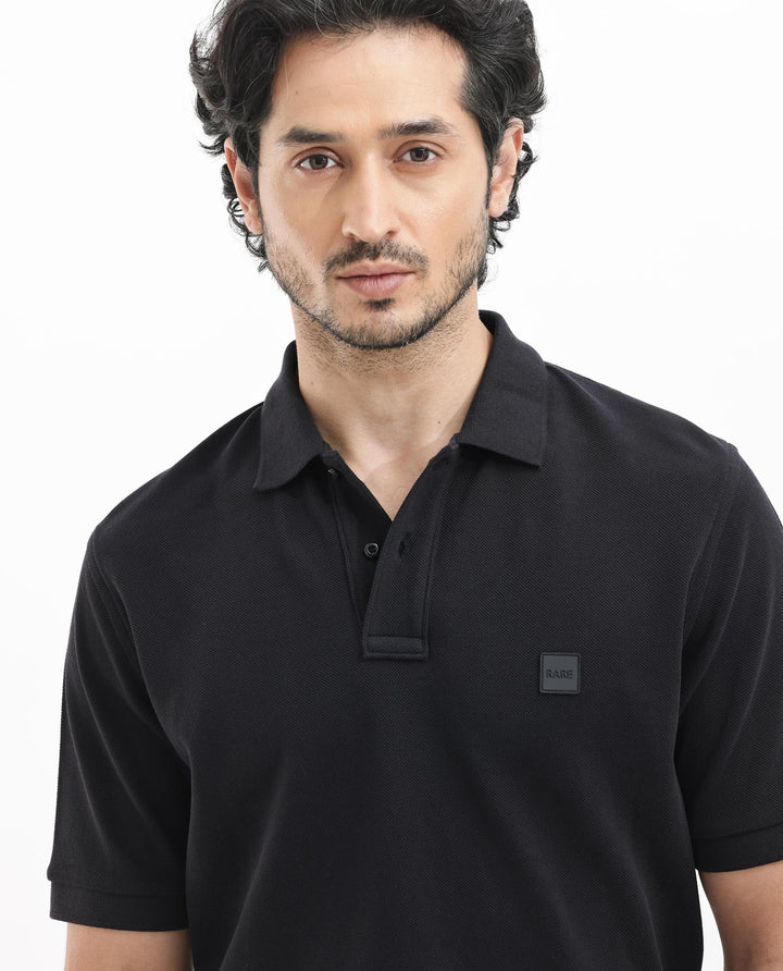 Rare Rabbit Mens Pare Dark Black Short Sleeve Solid Polo T-Shirt