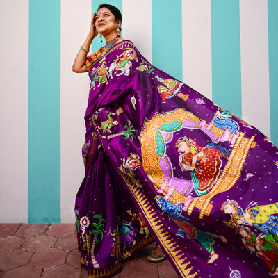 Purple Doli Barat Theme Hand-Painted Pattachitra Saree (Pre-order)