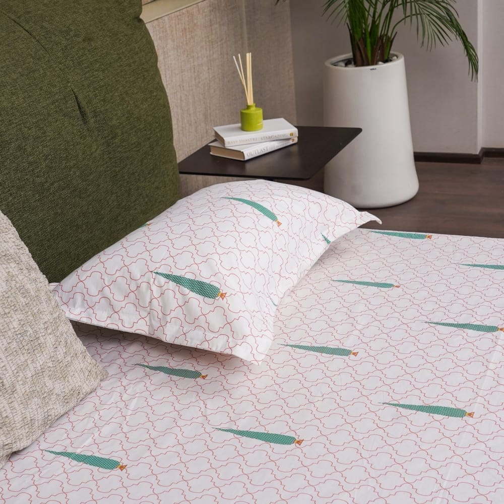 Fitted King Size Cotton Bedsheet - Pinewood- Peach Green