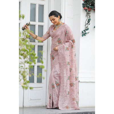 Ankita Peach Chiffon Handwork Saree