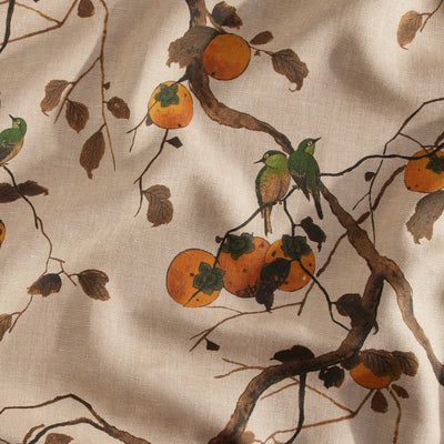 Persimmon Birds Flax Linen Fabric by Nathan Turner