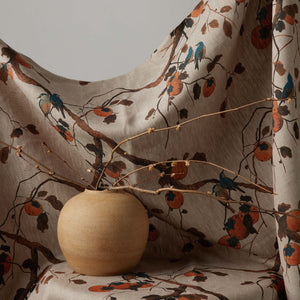 Persimmon Birds Flax Linen Fabric by Nathan Turner