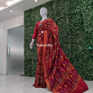 Brick Red Contemporary Floral Odisha Handloom Silk Saree with Lotus Pallu