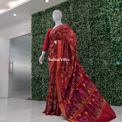 Brick Red Contemporary Floral Odisha Handloom Silk Saree with Lotus Pallu