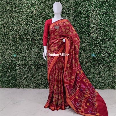 Brick Red Contemporary Floral Odisha Handloom Silk Saree with Lotus Pallu