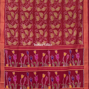 Brick Red Contemporary Floral Odisha Handloom Silk Saree with Lotus Pallu