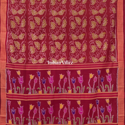 Brick Red Contemporary Floral Odisha Handloom Silk Saree with Lotus Pallu