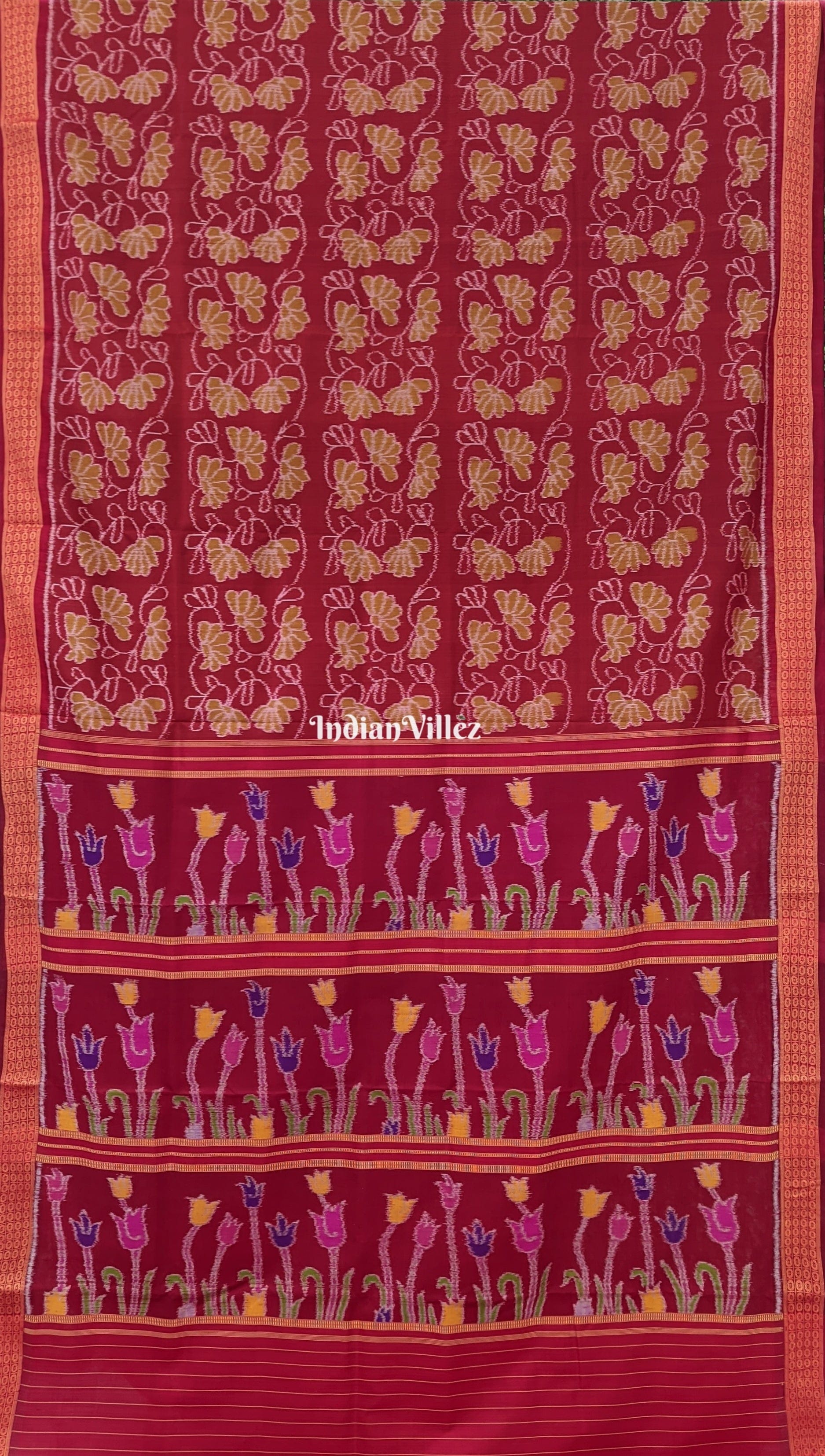 Brick Red Contemporary Floral Odisha Handloom Silk Saree with Lotus Pallu