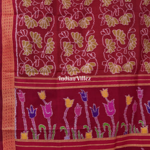 Brick Red Contemporary Floral Odisha Handloom Silk Saree with Lotus Pallu
