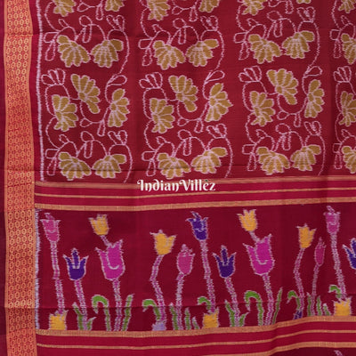 Brick Red Contemporary Floral Odisha Handloom Silk Saree with Lotus Pallu