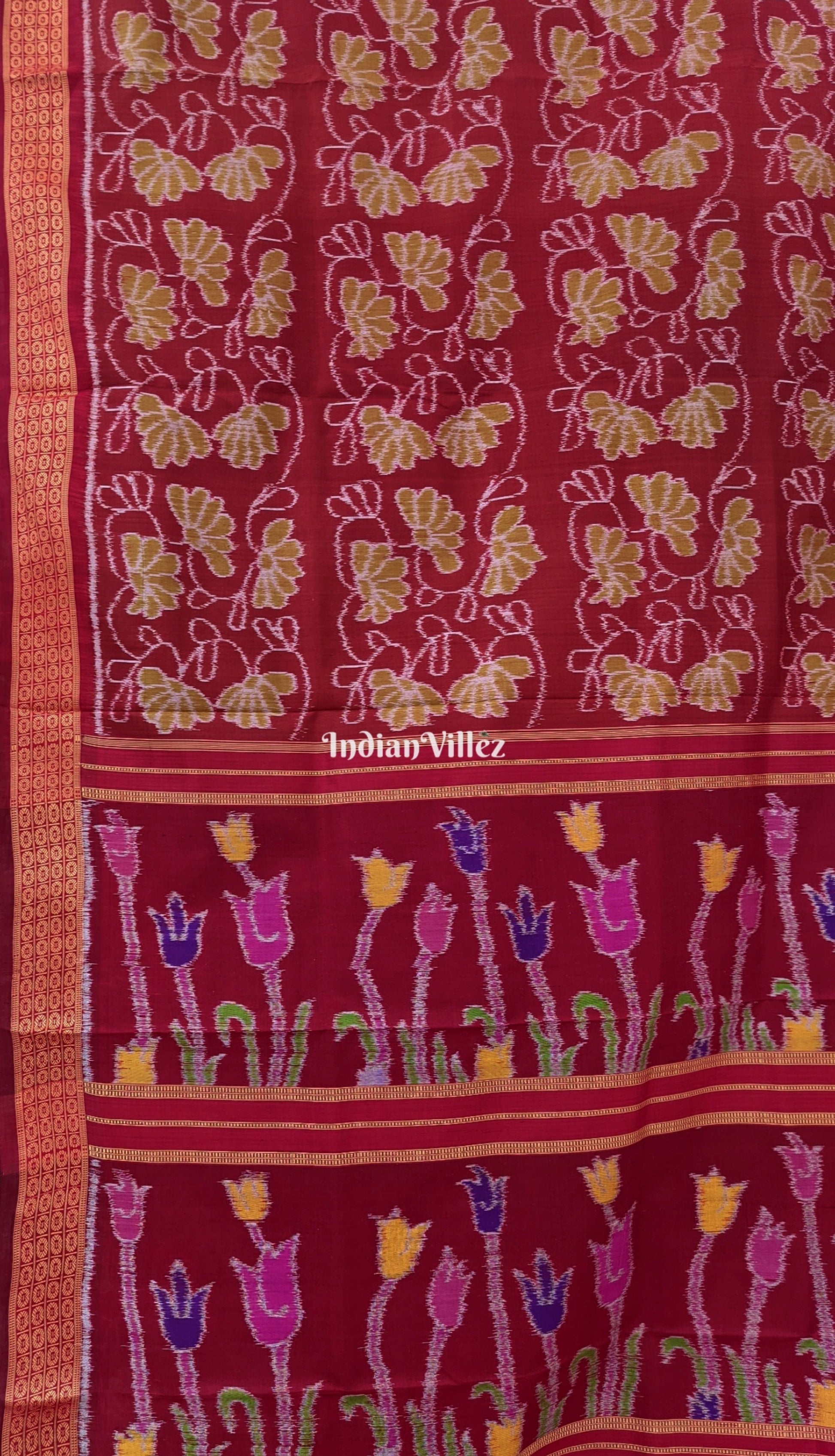 Brick Red Contemporary Floral Odisha Handloom Silk Saree with Lotus Pallu