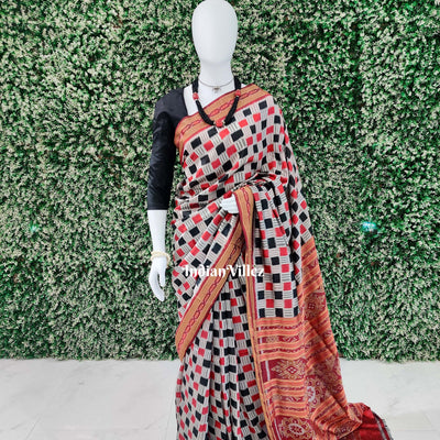 Off White Red Black Odisha Handloom Khandua Silk Saree