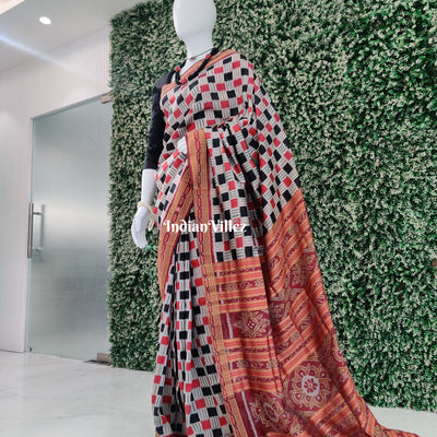 Off White Red Black Odisha Handloom Khandua Silk Saree