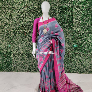 Grey With Pink Lotus Odisha Handloom Contemporary Sambalpuri Silk Saree