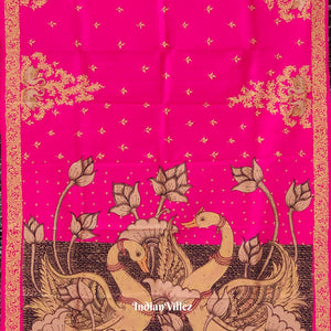 Royal Pink Swan Hand-Painted Pattachitra Saree