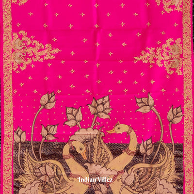 Royal Pink Swan Hand-Painted Pattachitra Saree