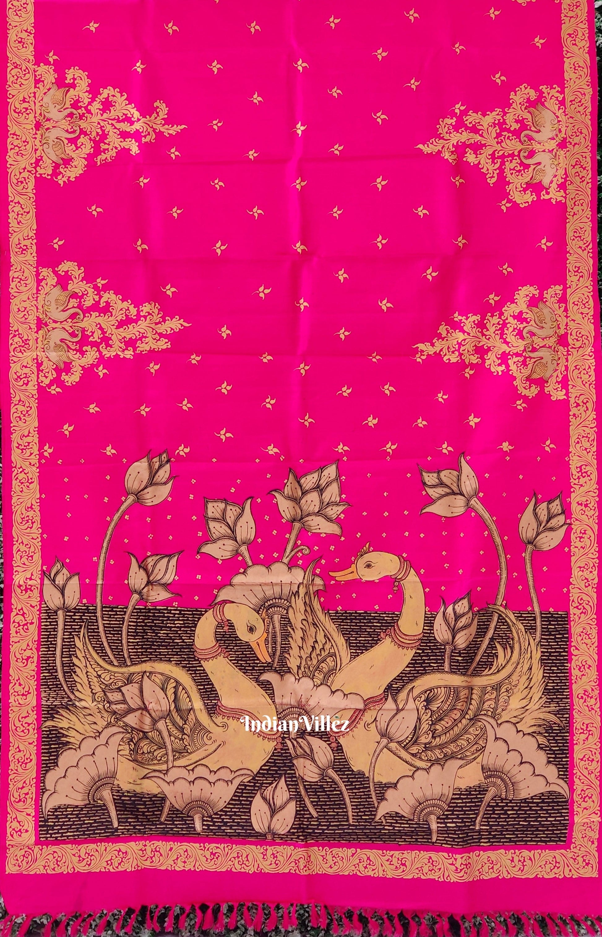 Royal Pink Swan Hand-Painted Pattachitra Saree