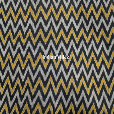 Black with Yellow Waves Motif Cotton Ikat Handloom Fabric