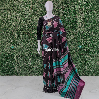 Black Tortoise Theme Odisha Handloom Contemporary Silk Saree