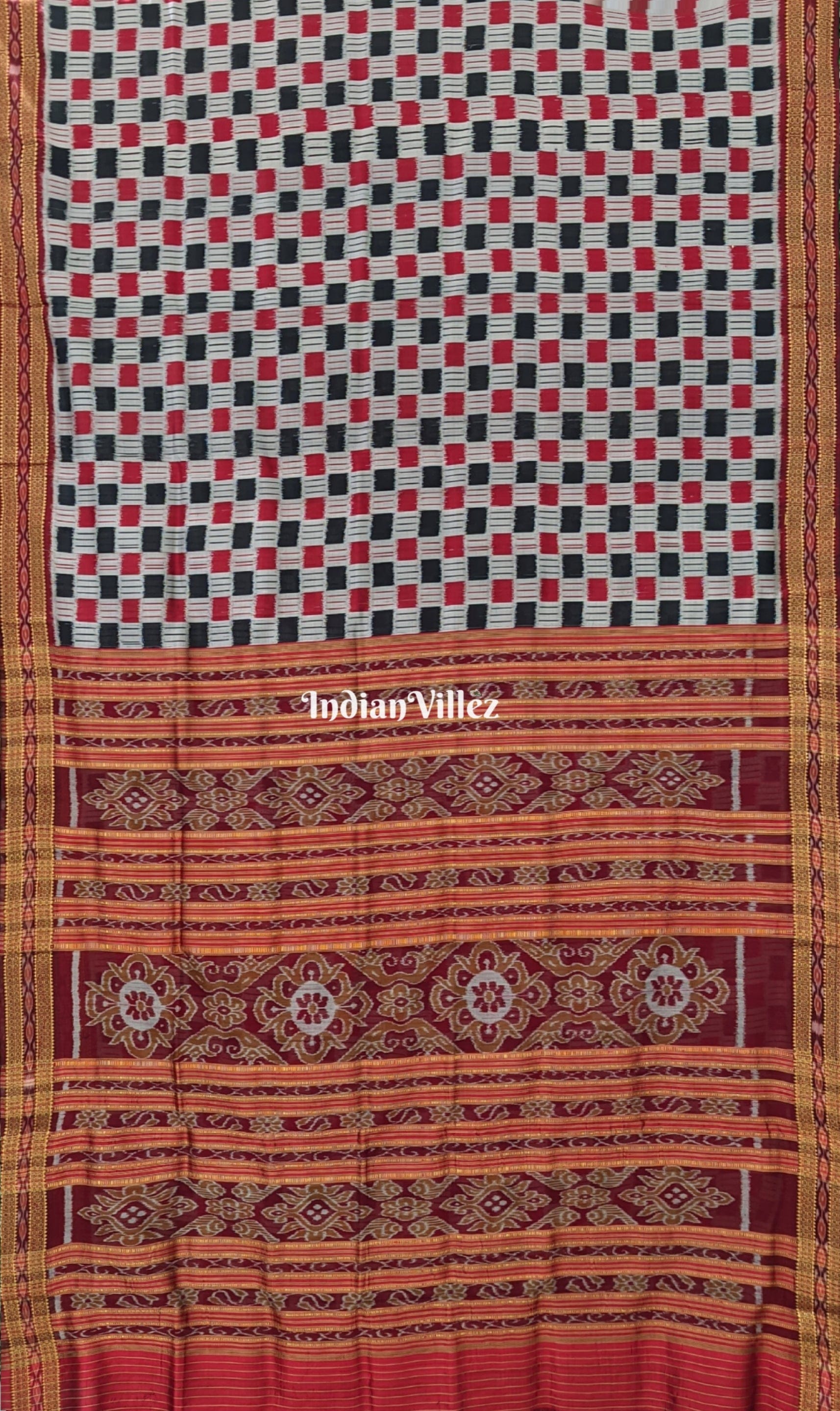 Off White Red Black Odisha Handloom Khandua Silk Saree