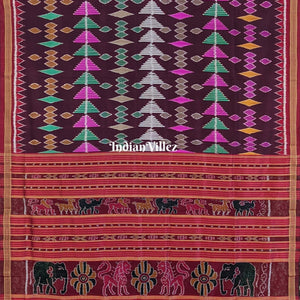 Dark Wine Multicolored Geometric Ikat Khandua Silk Saree