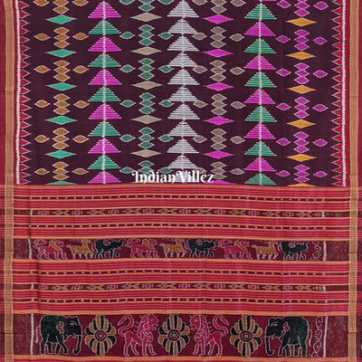 Dark Wine Multicolored Geometric Ikat Khandua Silk Saree