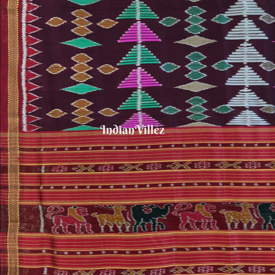 Dark Wine Multicolored Geometric Ikat Khandua Silk Saree