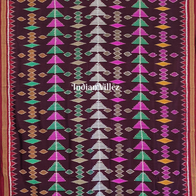 Dark Wine Multicolored Geometric Ikat Khandua Silk Saree