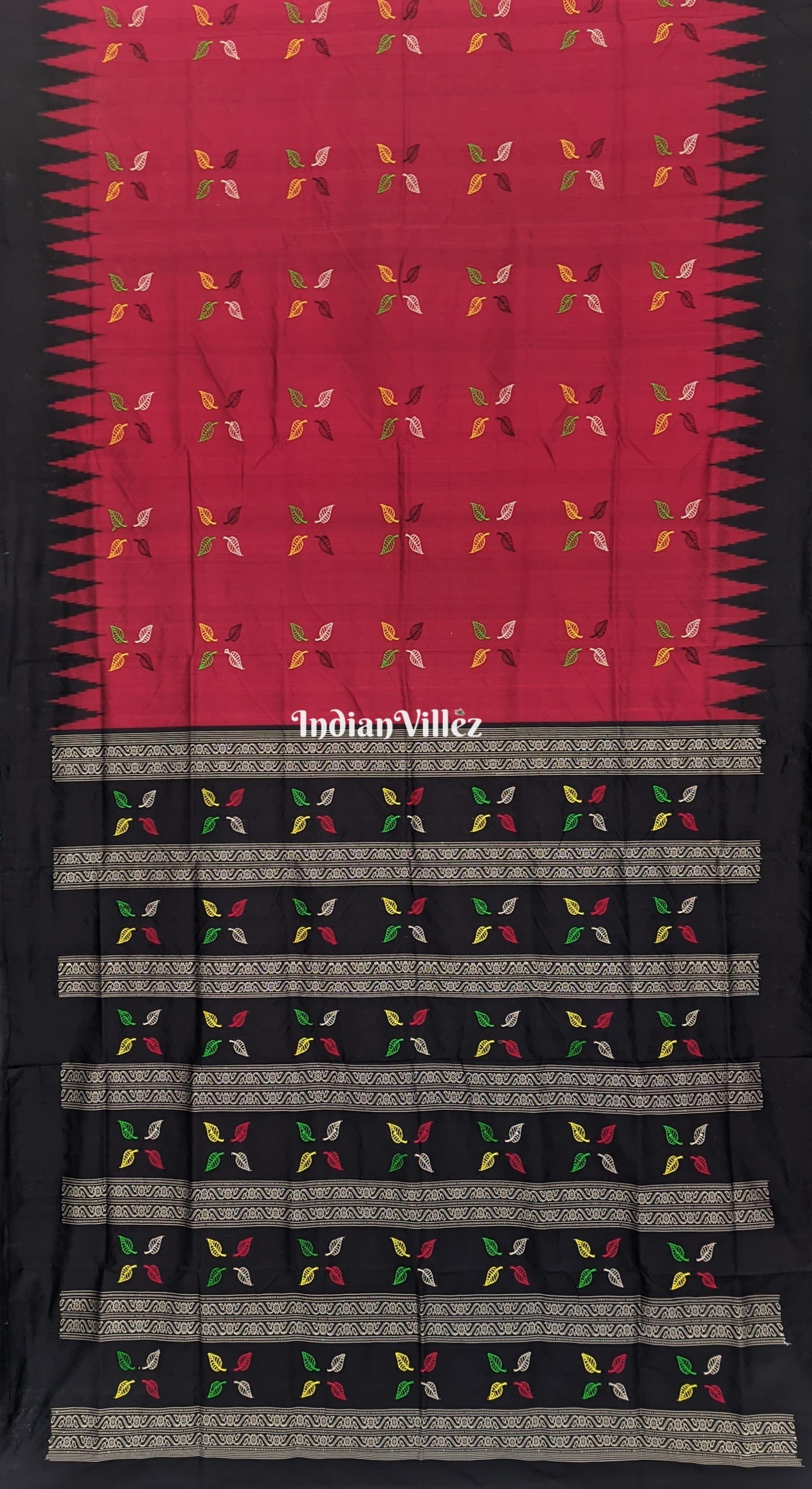 Maroon Leaf Design Odisha Ikat Contemporary Bomkai Silk Saree