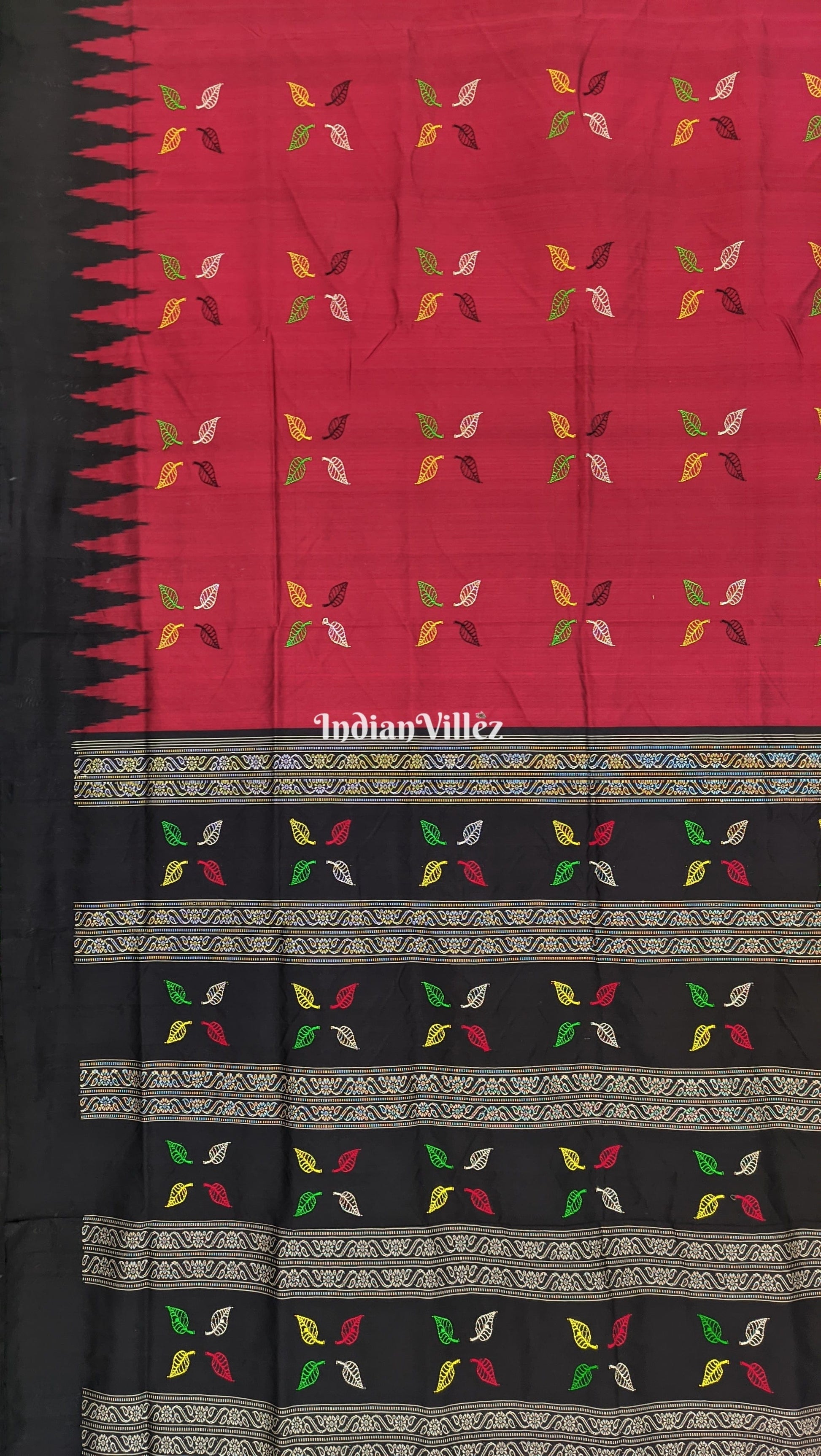Maroon Leaf Design Odisha Ikat Contemporary Bomkai Silk Saree