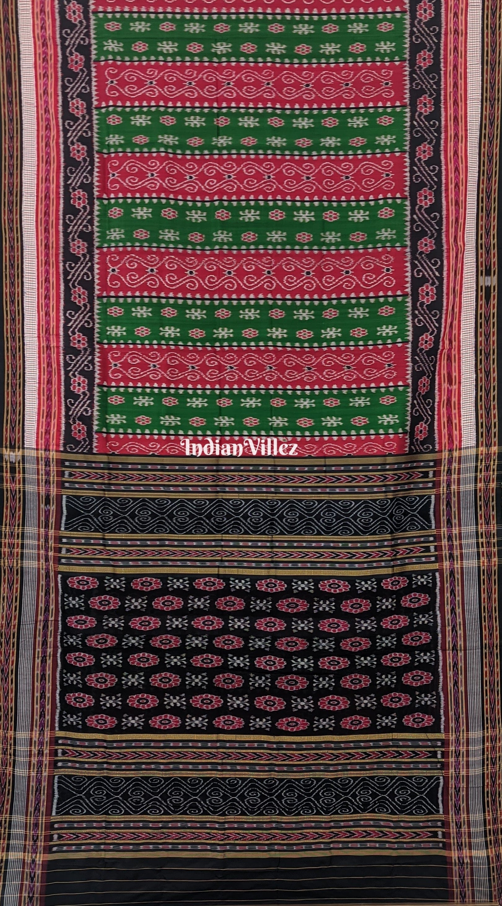 Green Red Flower with Sachipar Border Khandua Silk Saree
