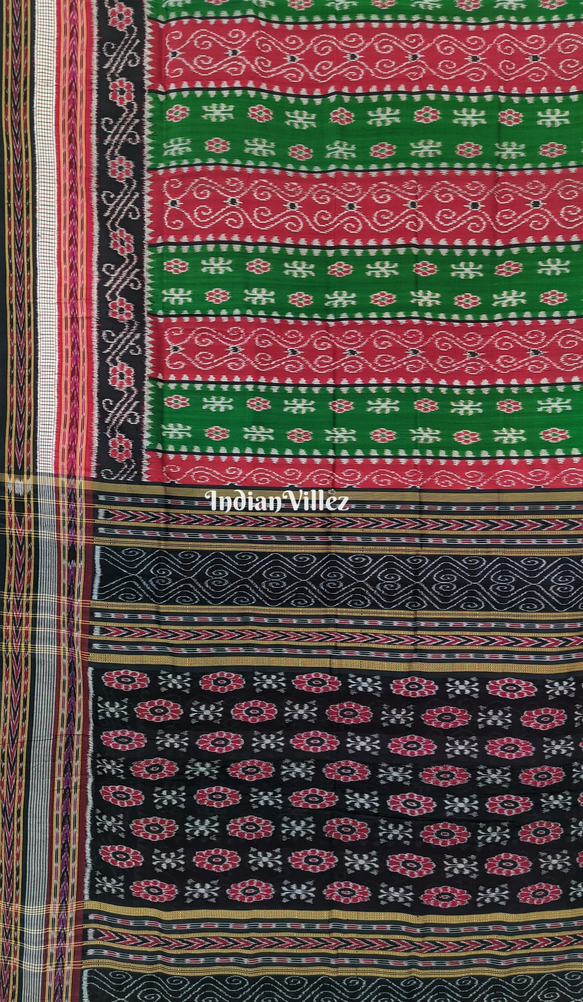 Green Red Flower with Sachipar Border Khandua Silk Saree