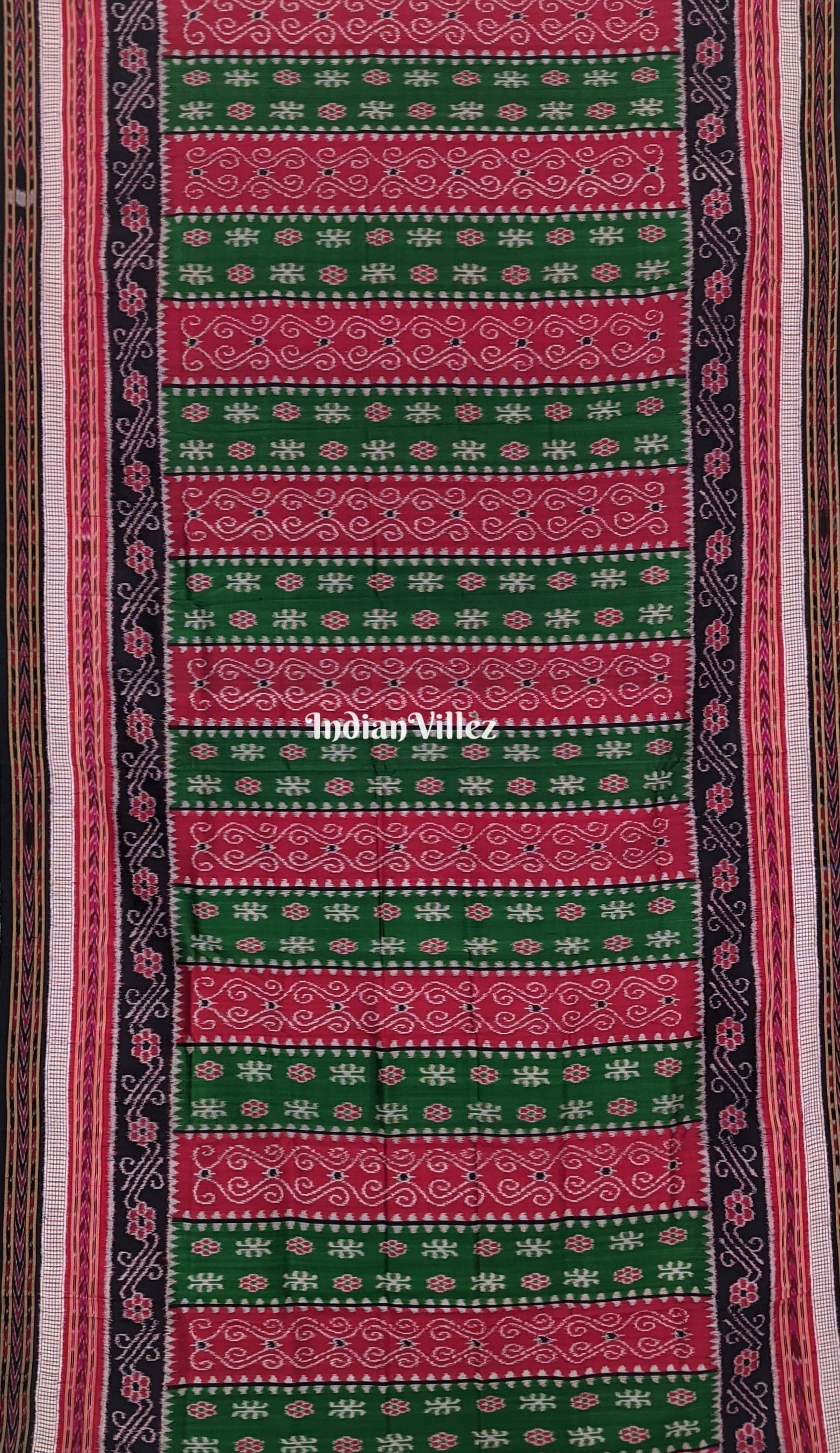 Green Red Flower with Sachipar Border Khandua Silk Saree