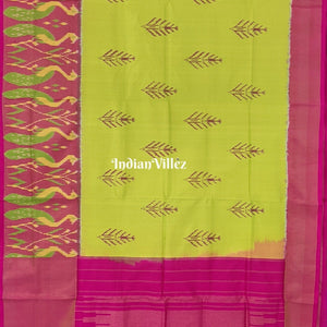 Fluorescent Green Magenta Peacock Design Pochampally Ikat Silk Saree