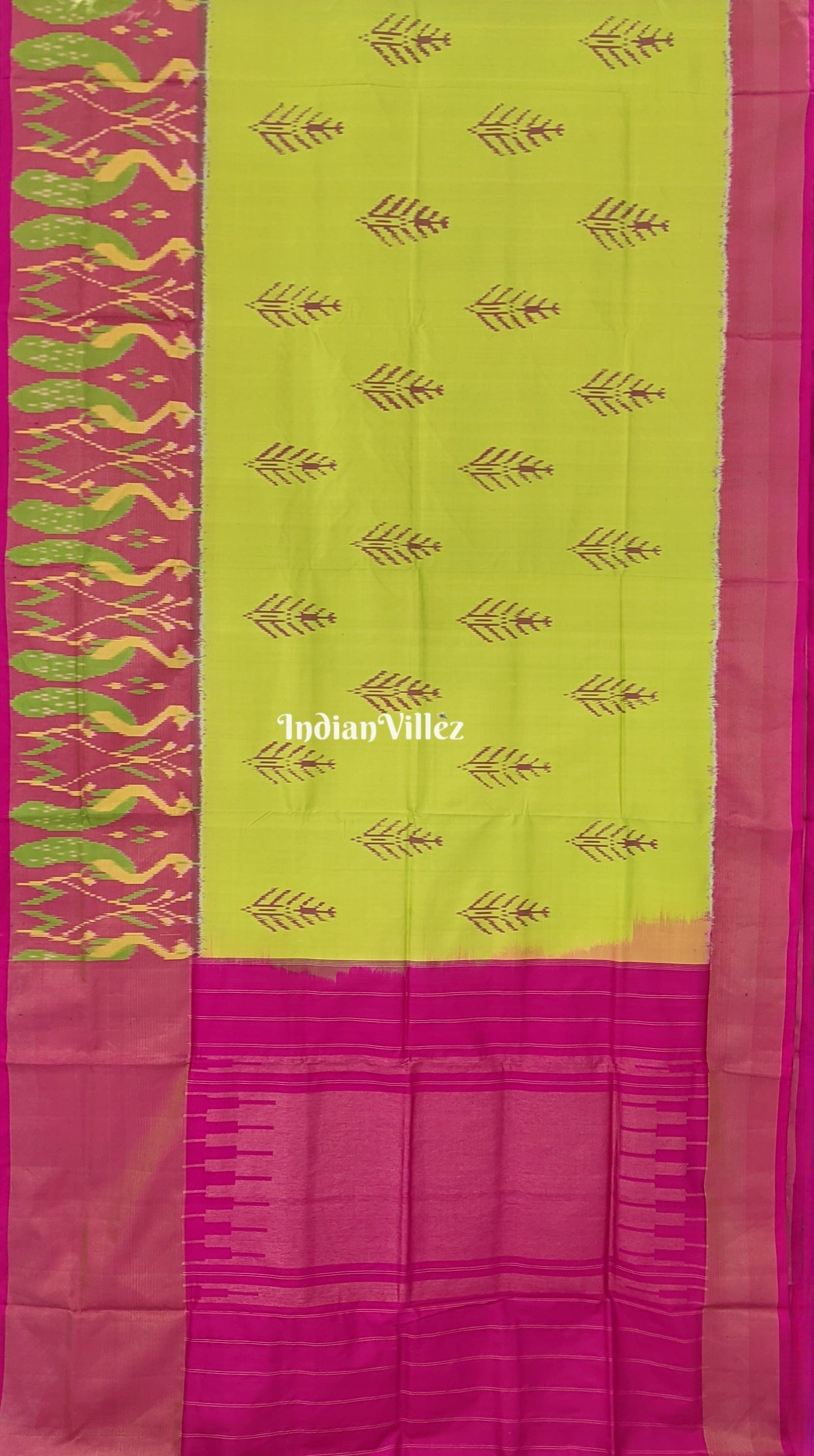 Fluorescent Green Magenta Peacock Design Pochampally Ikat Silk Saree