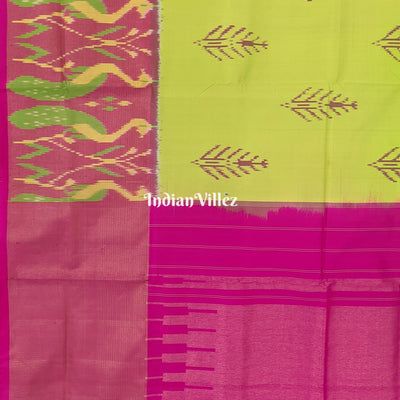 Fluorescent Green Magenta Peacock Design Pochampally Ikat Silk Saree