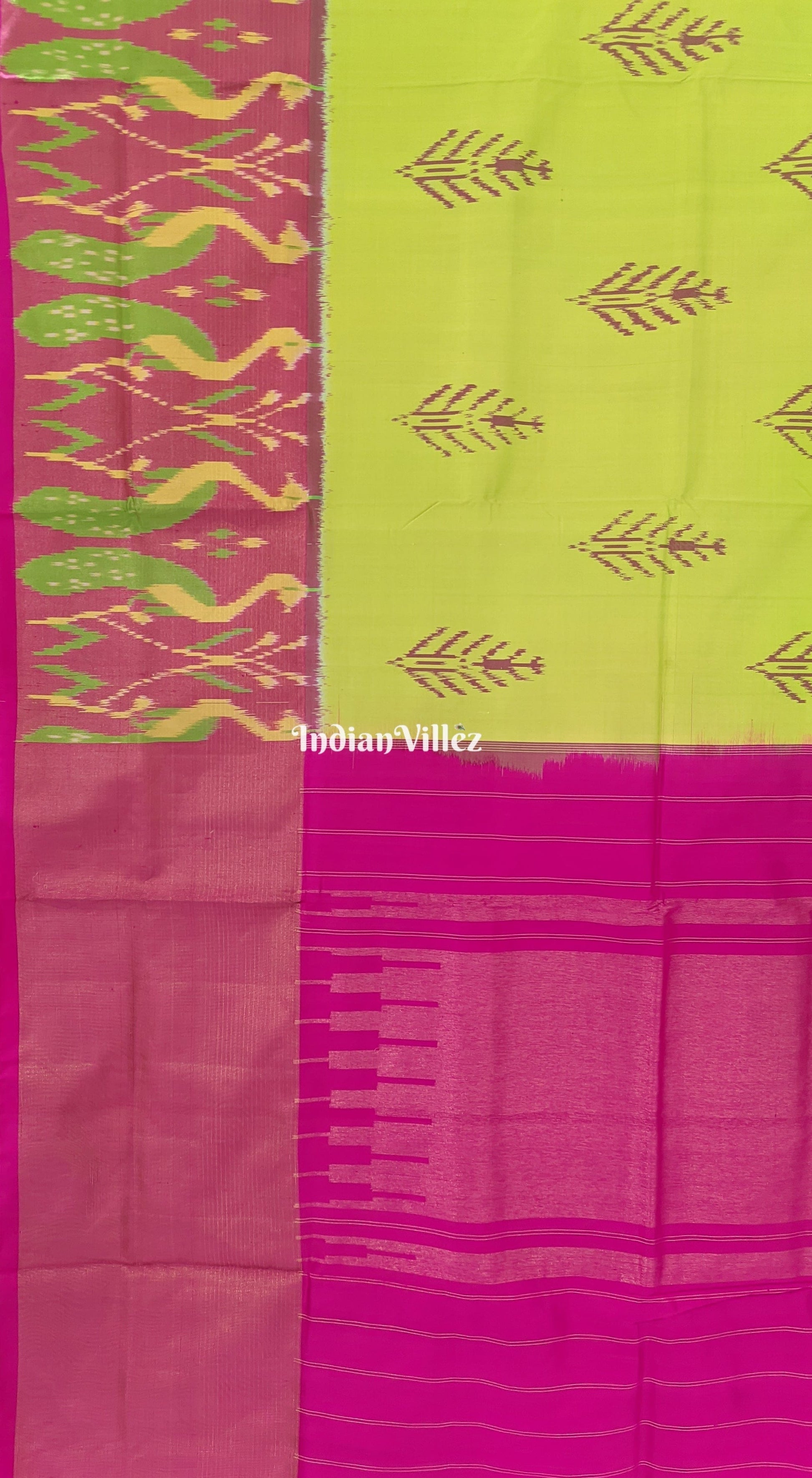 Fluorescent Green Magenta Peacock Design Pochampally Ikat Silk Saree